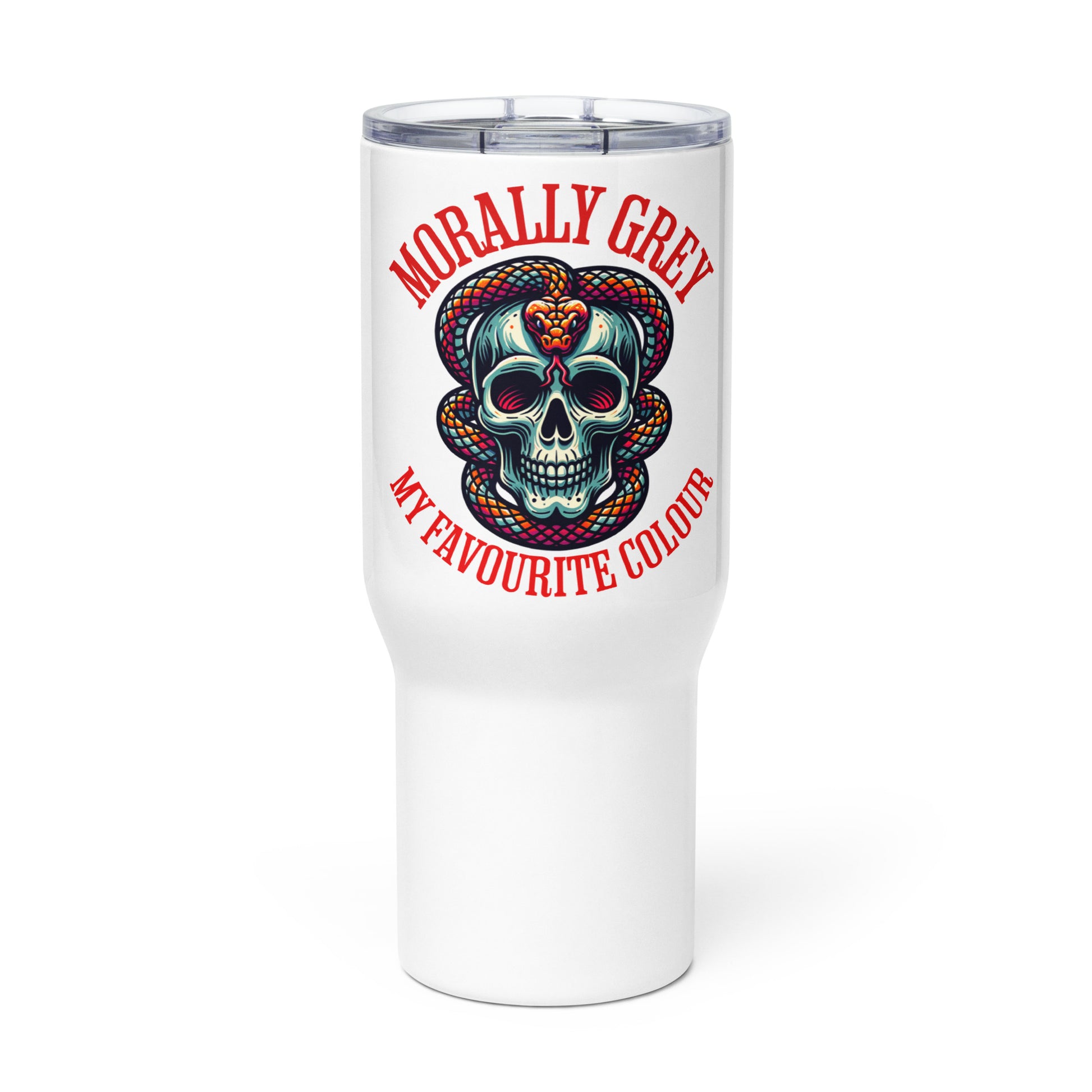 Morally Grey Travel mug with a handle - Bookslut Shirts