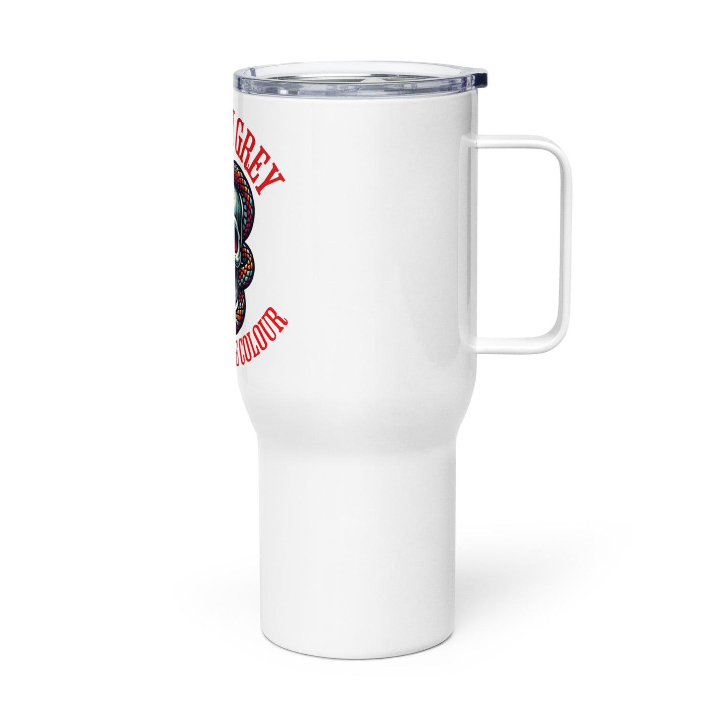 Morally Grey Travel mug with a handle - Bookslut Shirts