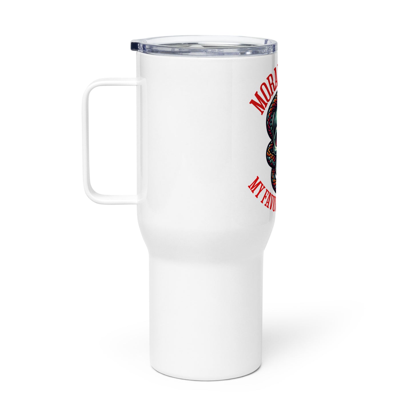 Morally Grey Travel mug with a handle - Bookslut Shirts