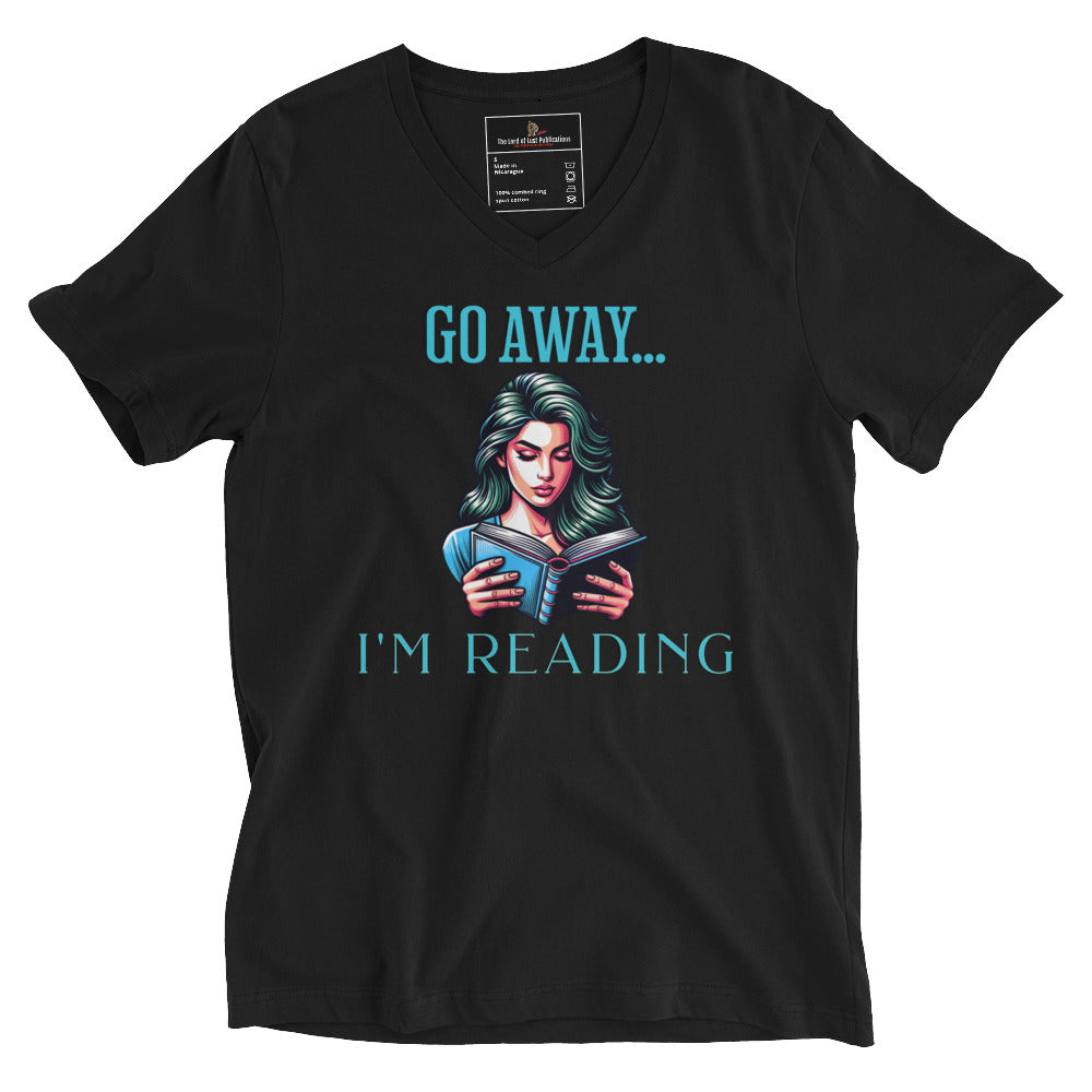 I'm Reading... Unisex V-Neck T-Shirt - Bookslut Shirts